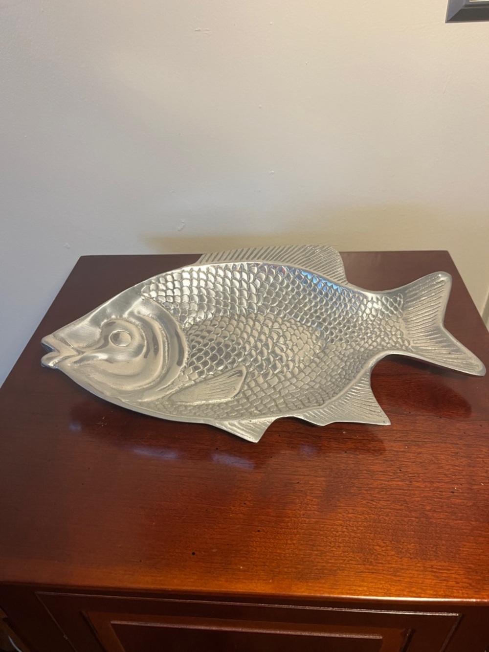 Pewter Fish shape Serving Tray/Plate 12 x 7 in Never Polish Nautical